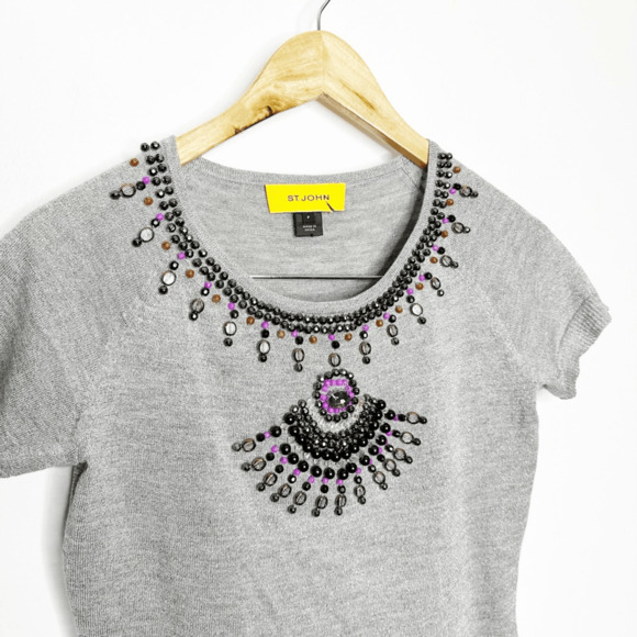 ST. JOHN wool silk knit beaded short sleeve silver gray embellished womens XS - Picture 4 of 10